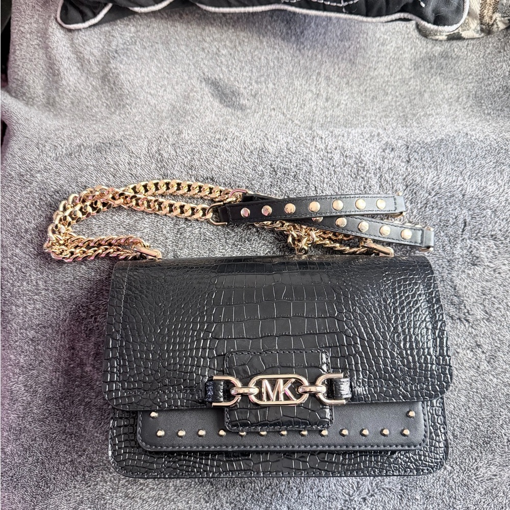 Michael Kors Black Croc-Embossed Crossbody Bag with Gold Chain